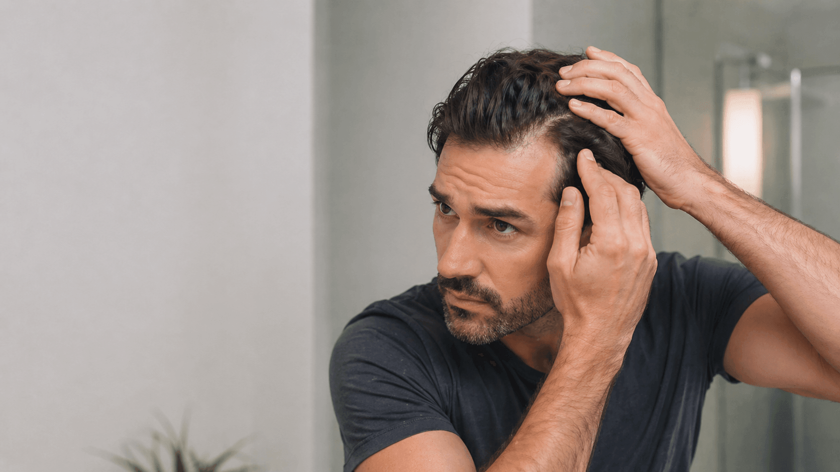Man examining hairline in mirror
