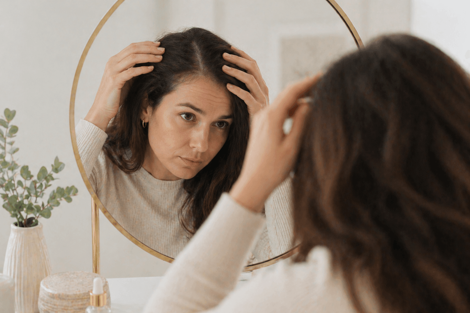 Woman examining hair in mirror