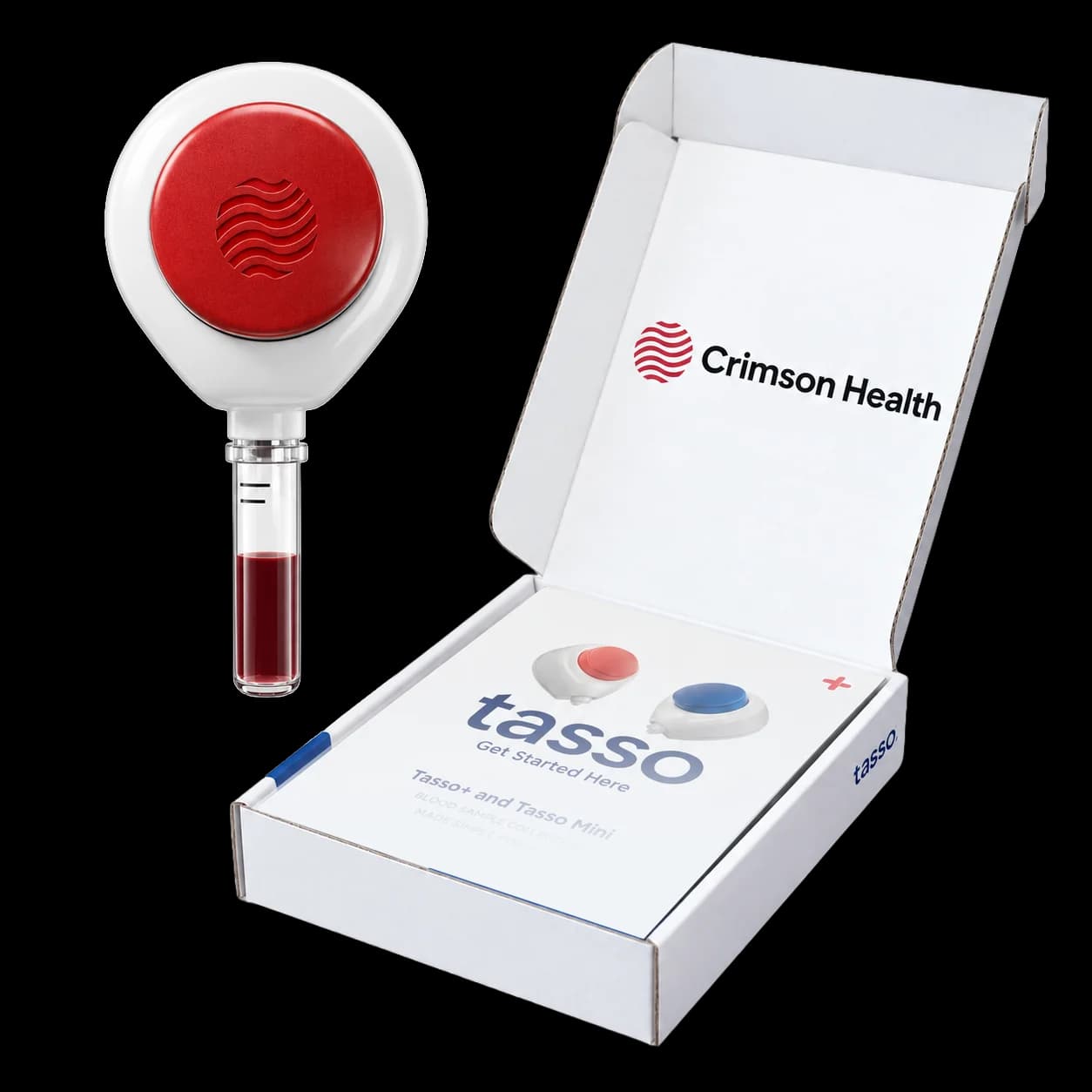 Tasso+ device, Crimson Lab Kit box and phone